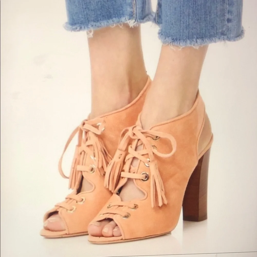 Club Monaco Mireva Suede Lace-up Open Toe Block Heel Sandals Tan Sz. 40